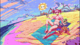 a pixel art drawing of a woman on a beach with the words " leave " on the bottom