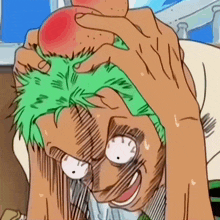 a cartoon drawing of a man with green hair holding an orange on his head