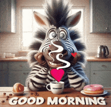 a cartoon zebra holding a heart and a cup of coffee