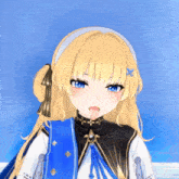 a girl with blonde hair and blue eyes sticking her tongue out