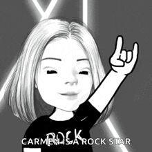 a black and white drawing of a girl with the words " carmen is a rock star " on the bottom