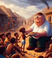 a man is sitting on the ground giving a bowl of food to a group of children .