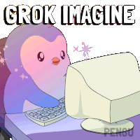 a cartoon of a penguin looking at a computer screen with the words grok imagine below it