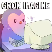 a cartoon of a penguin looking at a computer screen with the words grok imagine below it