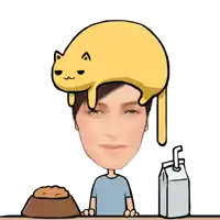 a cartoon of a woman holding a cat on her head next to a carton of milk