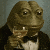 a frog in a suit and bow tie is holding a glass of wine .