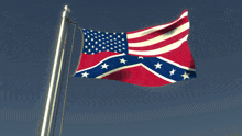an american flag and a confederate flag flying in the wind