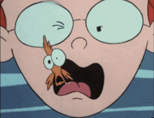 a cartoon of a boy with glasses and a bird on his nose
