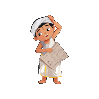 a cartoon drawing of a boy with a turban on his head holding a newspaper with the watermark @ricedoodles