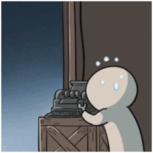 a cartoon of a man holding a wrench looking at something