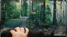 a person is painting a picture of a forest with trees and stump
