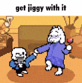a pixel art of a skeleton and a goat holding hands in a living room .