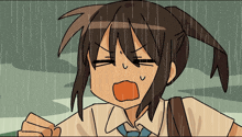 a cartoon of a girl screaming in the rain with her mouth open