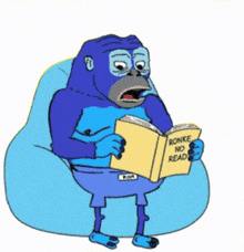 a cartoon gorilla is sitting in a chair reading a book titled ronke no read