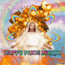 a picture of jesus with an explosion in the background and the caption happy pride month