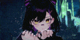 a girl with purple hair and yellow eyes is standing in a dark forest
