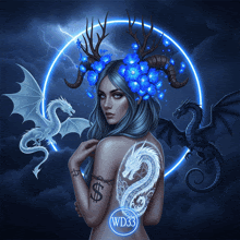 a woman with a tattoo of a dollar sign on her arm is surrounded by three dragons
