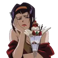 a girl with purple hair is holding a ice cream sundae with strawberries and whipped cream