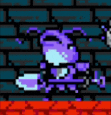 a pixel art of a purple jester standing in front of a brick wall holding a cup .