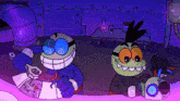 a cartoon drawing of two monsters in a room with a purple background