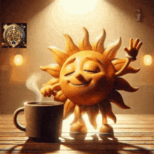 a statue of a smiling sun holding a cup of coffee on a table