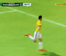 a soccer player in a yellow shirt is kicking a soccer ball on the field .