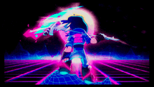 a cartoon character is holding a sword in front of a purple and blue background