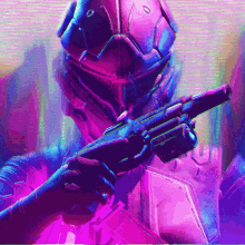 a man in a futuristic helmet is holding a gun in his hand