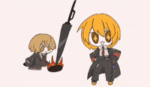 a cartoon drawing of a boy with a sword and a girl with glasses