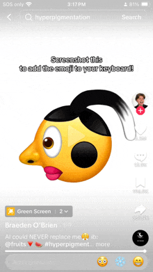 a phone screen shows a screenshot of an emoji with a ponytail