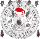 a picture of a bull terrier wearing a santa hat with the words " skyline food & beer " below it