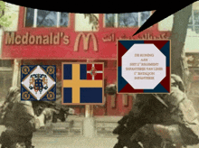 a mcdonald 's restaurant with a speech bubble above it