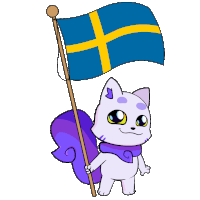 a cartoon cat holding a blue flag with a yellow cross