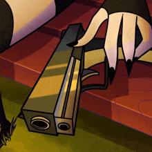 a cartoon drawing of a person holding a gun with a yellow barrel