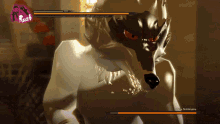 a screenshot of a video game shows a wolf wearing a mask with the word rust on it