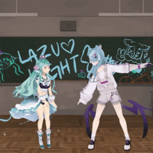 two anime girls are standing in front of a blackboard that says lazu