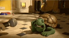 a turtle is being interviewed with a microphone