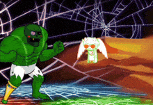 a cartoon drawing of a hulk fighting a monster with a spider web in the background