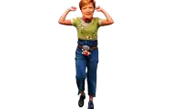 a woman wearing a green top and blue jeans is dancing
