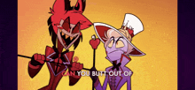two cartoon characters are standing next to each other with the words " can you butt out of " on the bottom right