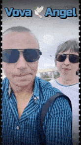 a man and woman are posing for a picture with the words vova angel behind them