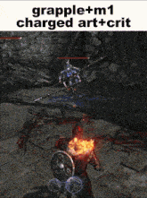 a video game with the words grapple + m1 charged art + crit on the bottom