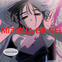 a picture of a girl with the words mizisua denei written in red
