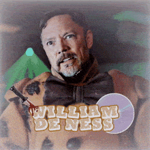 a man with a knife in his hand and the name william de ness on the bottom