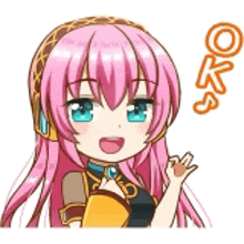 a cartoon girl with pink hair and blue eyes is giving a thumbs up sign .