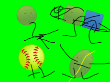 a yellow ball with red stitching is surrounded by stick figures