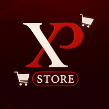 a red and white logo for xp store with shopping carts