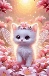a cat with fairy wings and a flower on its head
