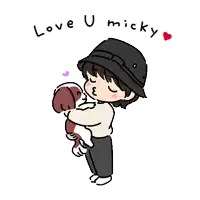 a cartoon of a man holding a dog with the words love u micky written above him