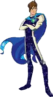 a cartoon character is standing with his arms crossed wearing a blue cape